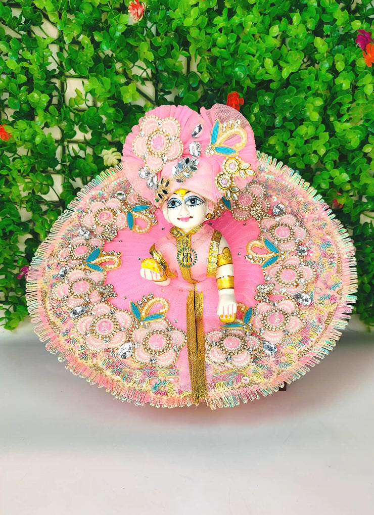 Festive special pink heavy lace flower dress for laddu gopal ji with pagdi and choli