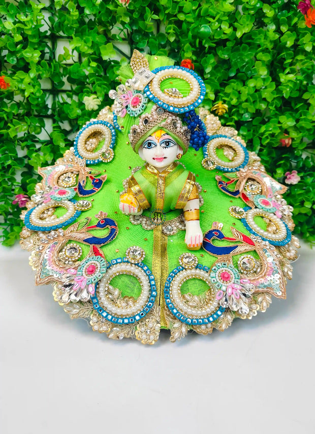 Green color mor patch heavy dress for laddu gopal ji with pagdi and choli