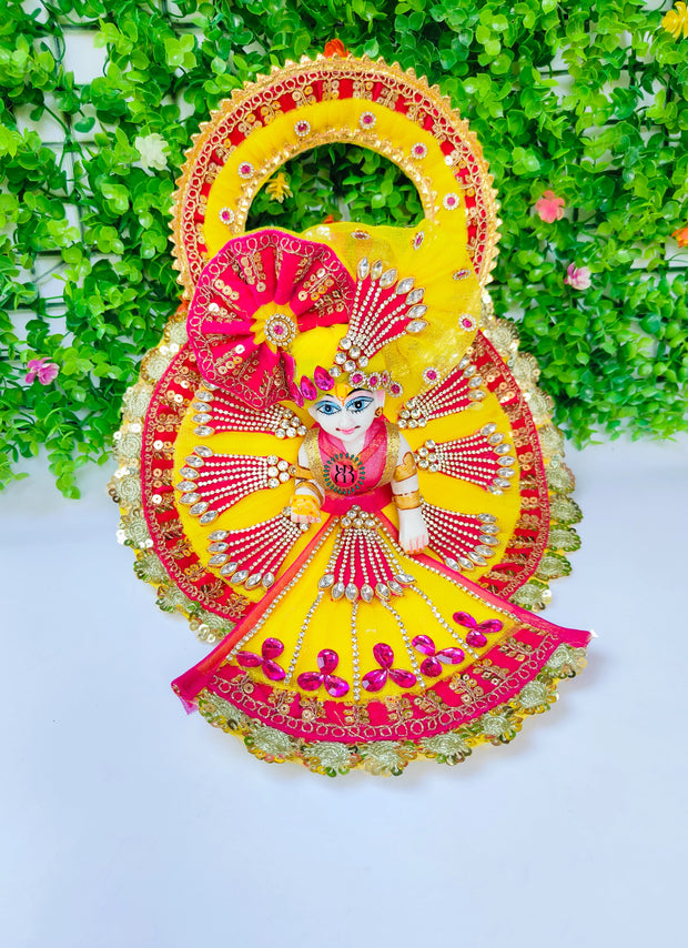 Fancy chakra dress yellow and rani color combination heavy dress for laddu gopal with pagdi and choli