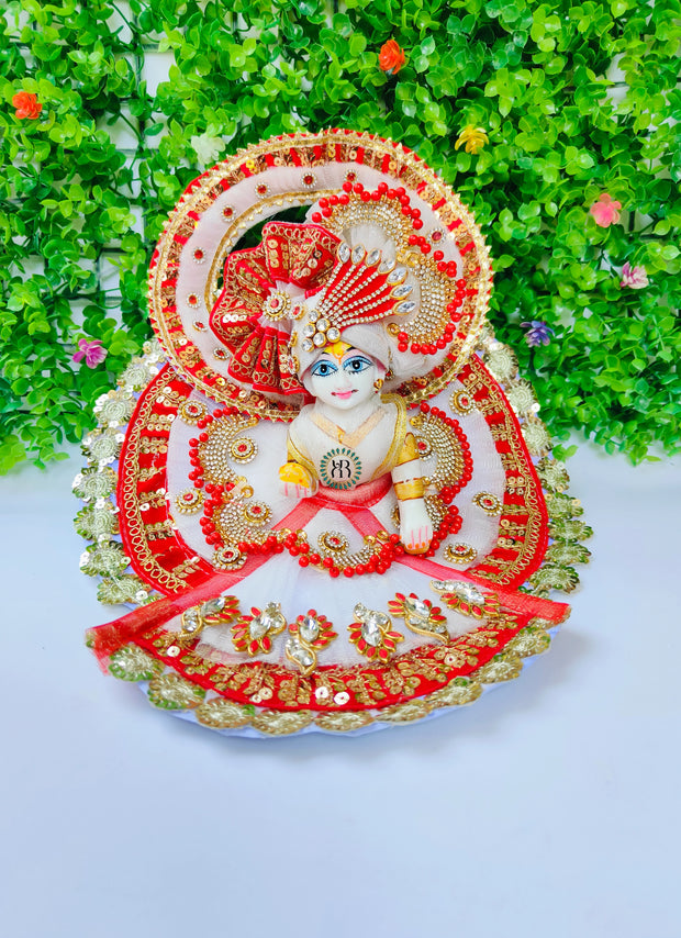 Festival special fancy chakra dress for laddu gopal ji with pagdi and choli in red and white combination
