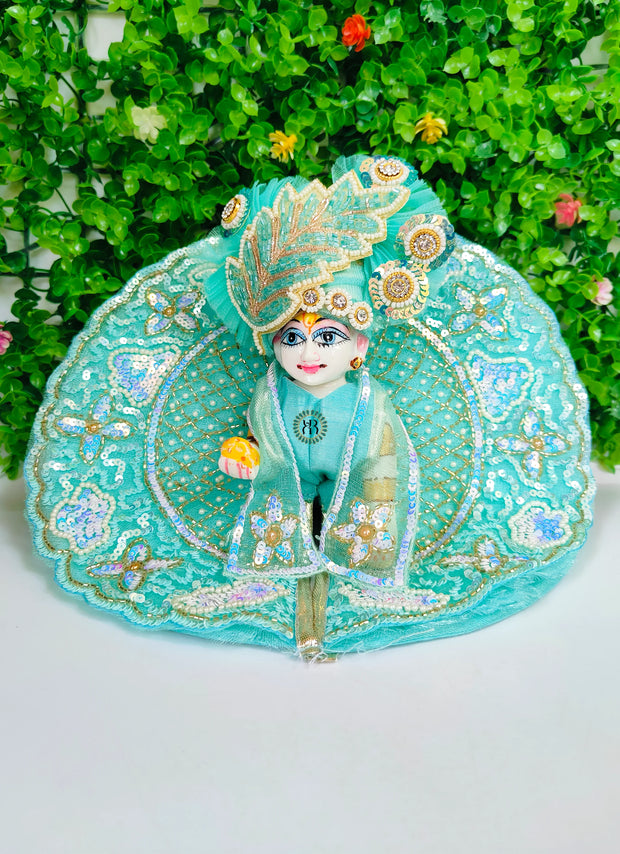 Heavy handwork sea green  dress for laddu gopal ji with pagdi choli and patka