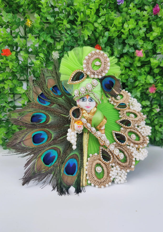 Green mor pankh heavy dress for laddu gopal ji with pagdi and bansuri
