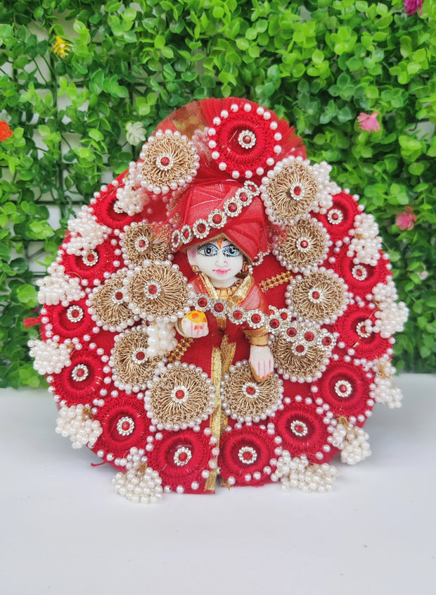 Red heavy croche dress for laddu gopal ji with pagdi and bansuri