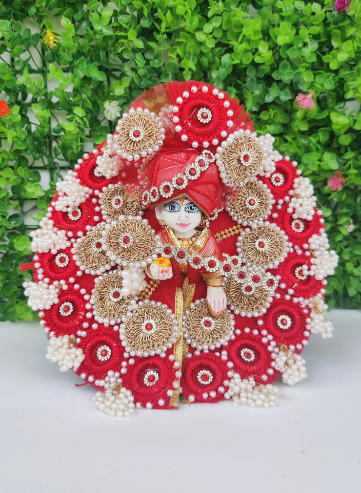 Red heavy croche dress for laddu gopal ji with pagdi and bansuri