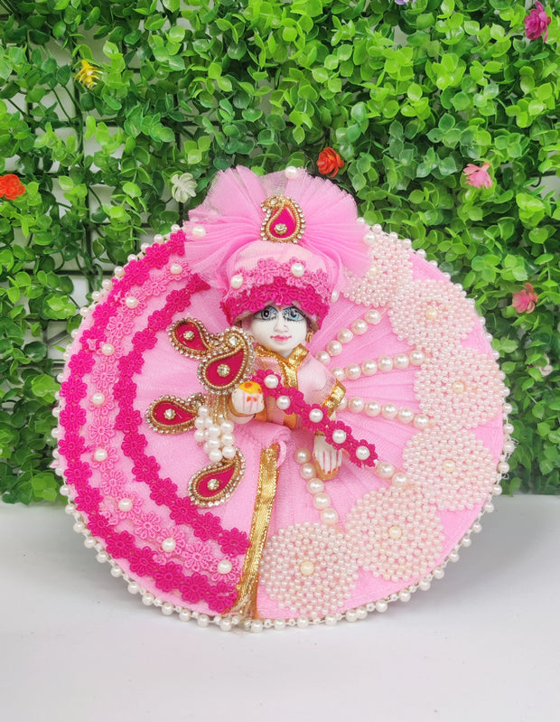 Pink heavy dress for laddu gopal ji with pagdi and bansuri