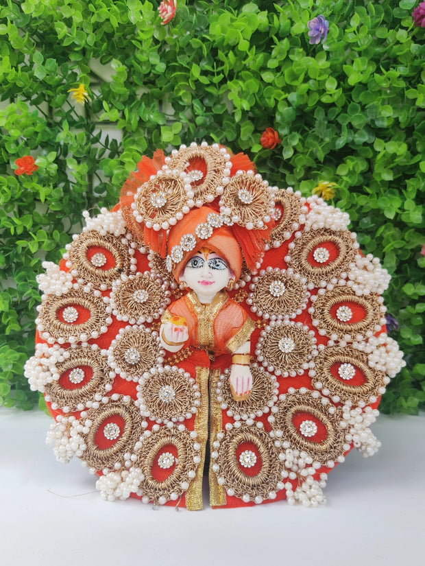 Orange heavy croche dress for laddu gopal ji with pagdi and bansuri