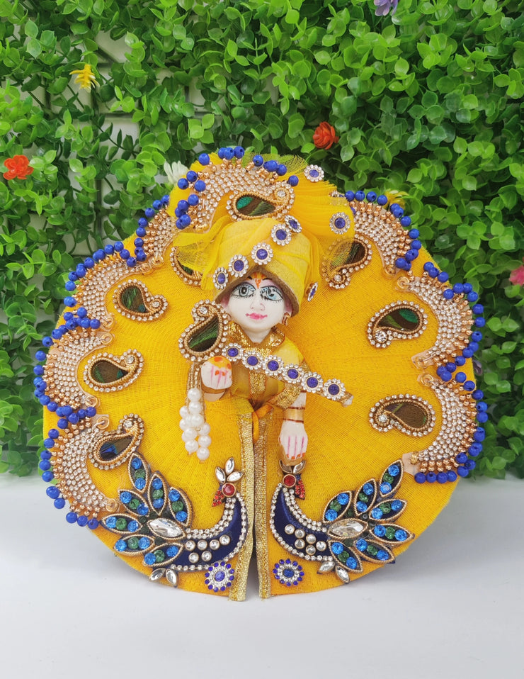 Yellow heavy peacock patch dress for laddu gopal ji with pagdi and bansuri