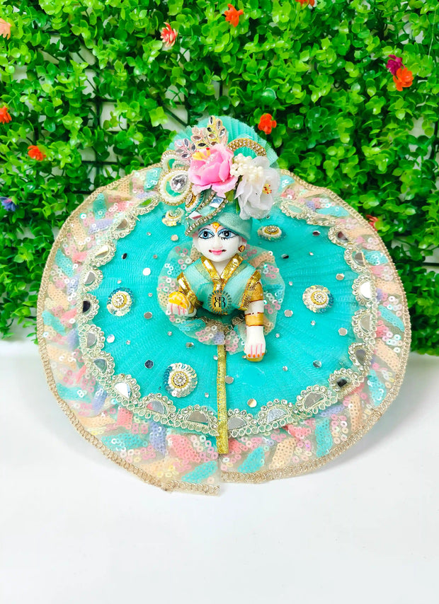 Sea green sequences lace dress for kanha ji special for janmashtami with pagdi and choli