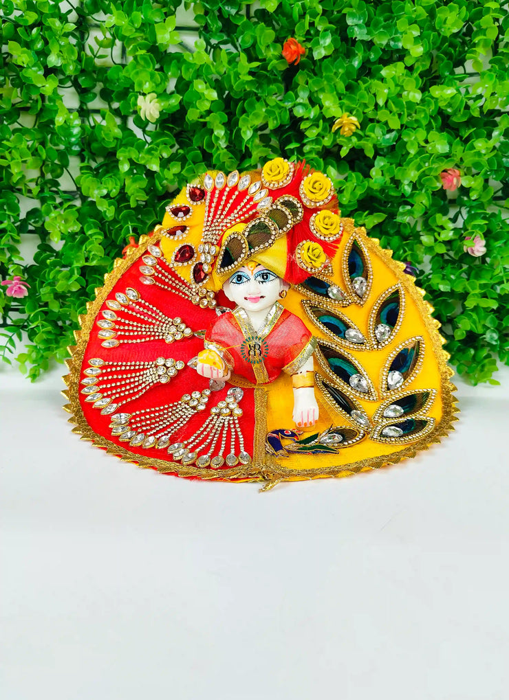 Red yellow half half combination dress for laddu gopal with pagdi and choli