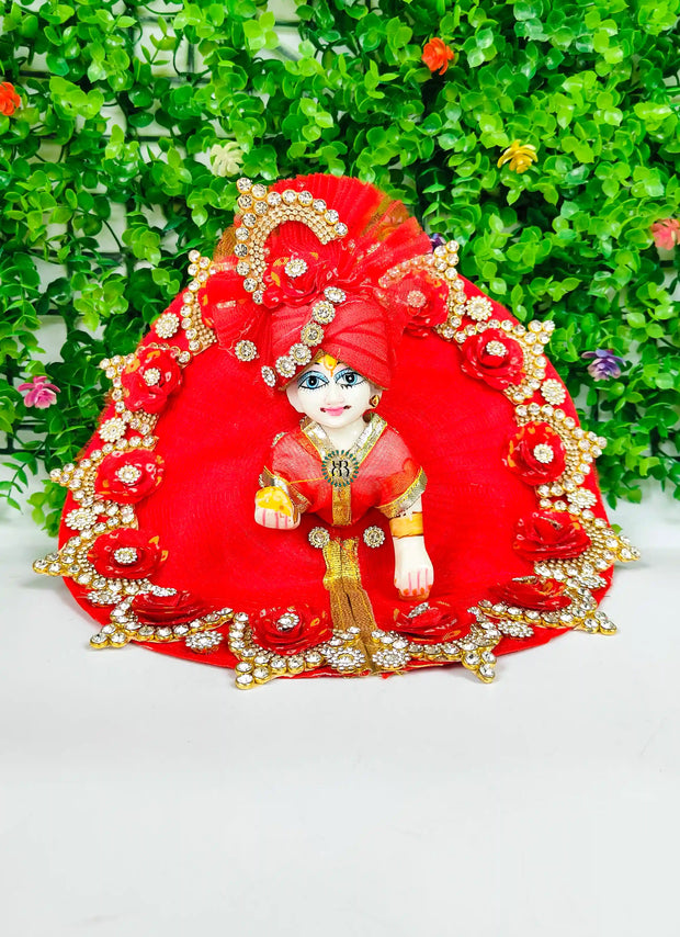 Red haar bhandej flower laddu gopal dress