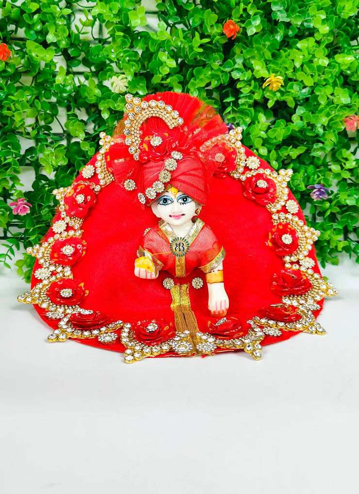 Red haar bhandej flower laddu gopal dress