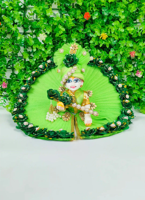 Green bhandej flowers heavy laddu gopal dress with pagdi and bansuri