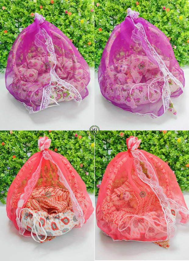 Round shape bistar attached machhardani with pillows for laddu gopal ji (Random color and print)