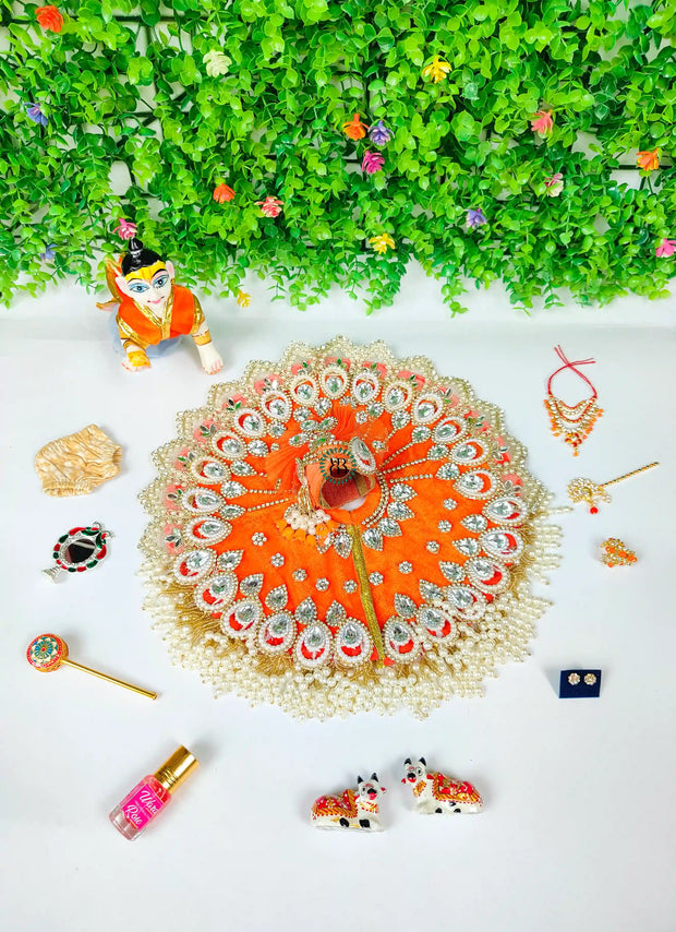 Janmashtami Special Combo For Laddu ji With Orange Heavy Maharaja Dress and Accessories