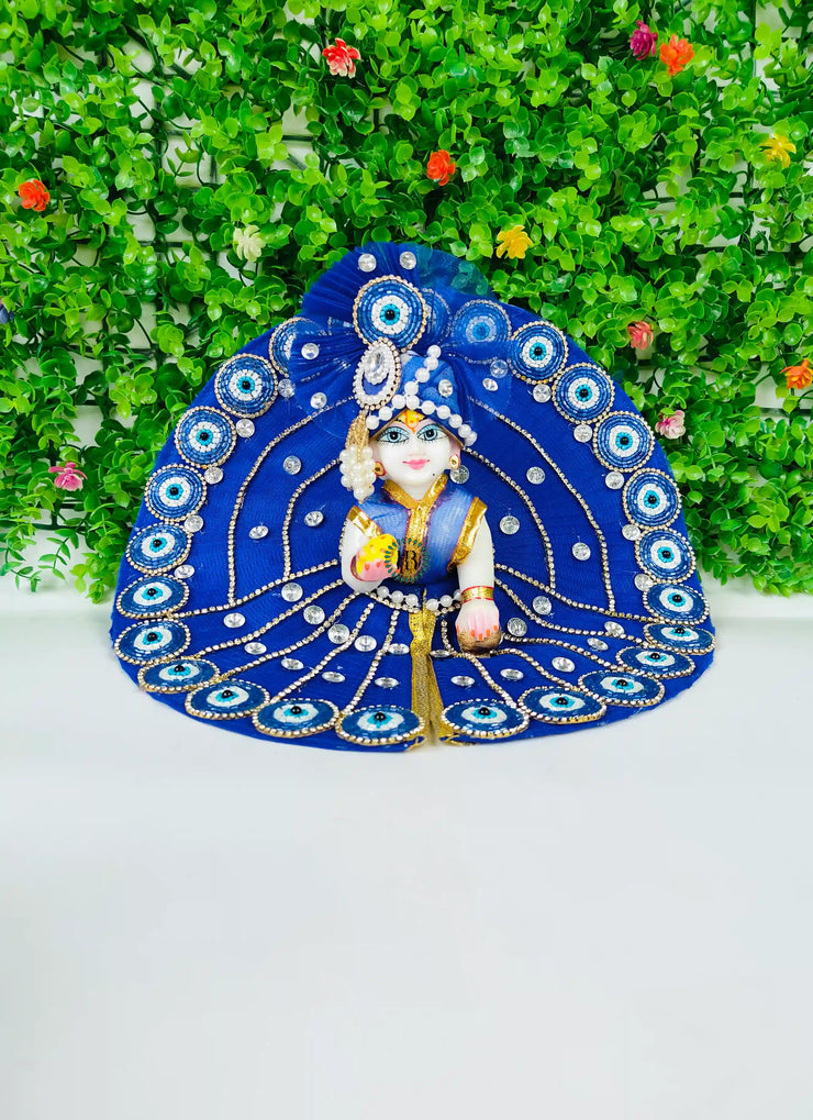 Blue round patch design heavy dress for laddu gopal ji with pagdi and choli