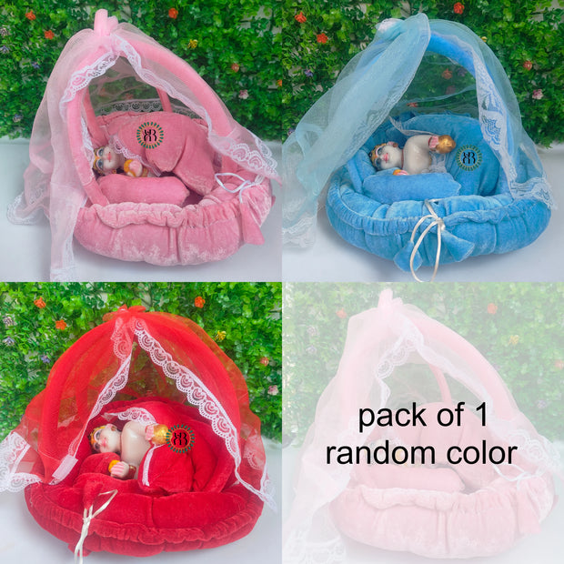 Winter mosquito net fluffy bister with rajai and pillow for laddu gopal ji pack of 1 (RANDOM COLOUR)
