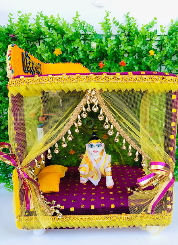 light and fan wooden singhasan cum bed for laddu gopal ji - 0 to 8 No.(RANDOM COLOUR & PRINT)